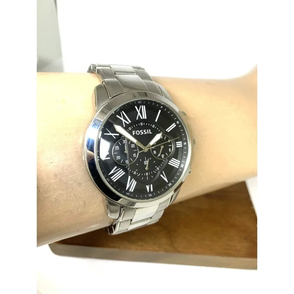 Fossil Men's Watch FS4736 Grant Quartz Chronograph Black Dial Silver Steel 44mm